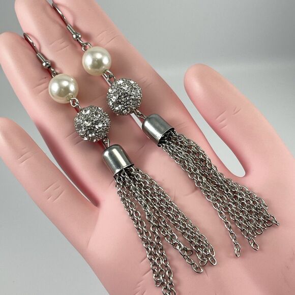 Silver Tone Faux Pearl Chain Tassel Dangle Earrings Fashion Boho Statement - Picture 3 of 7